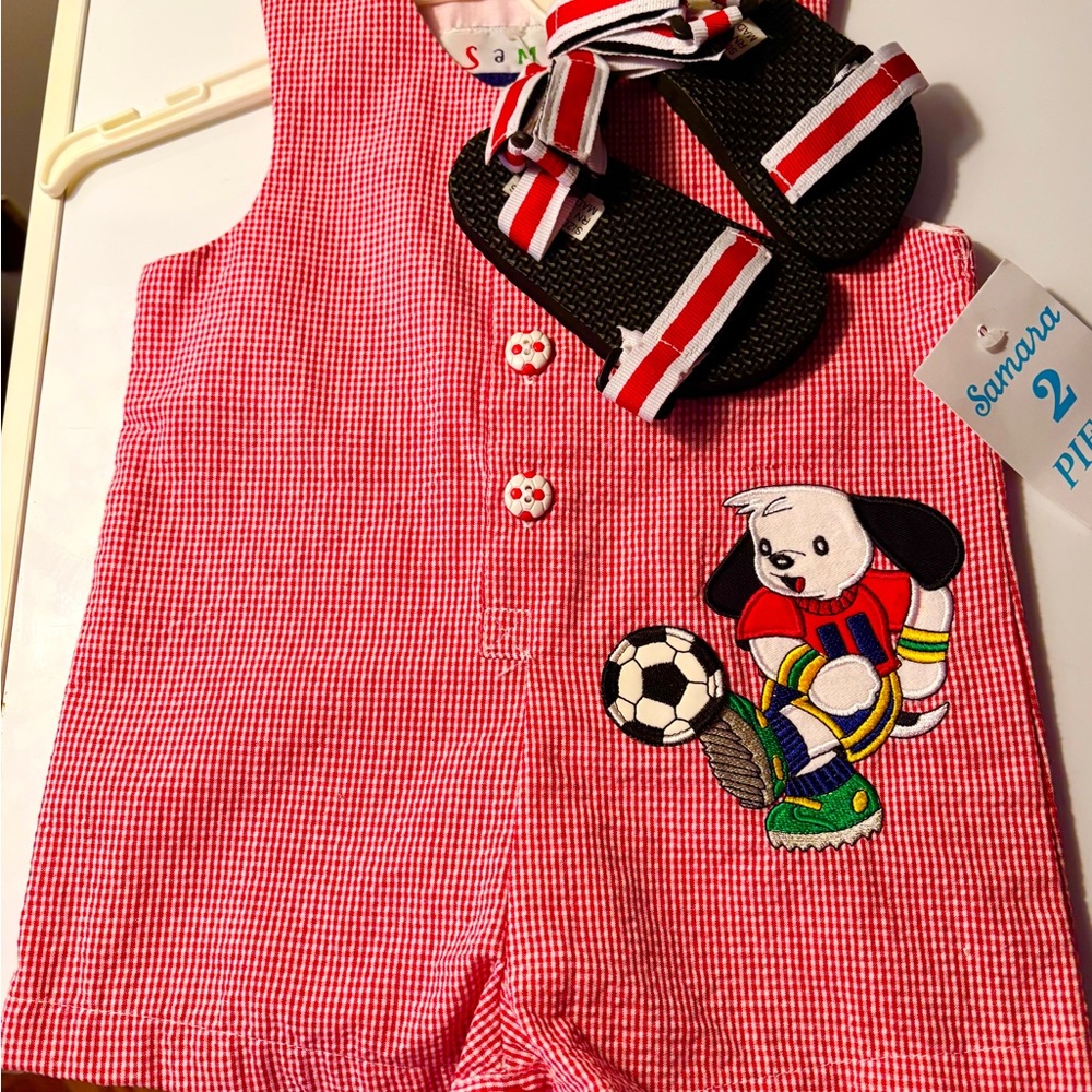 Red Checkered Romper With Sandals 9-12 Months With Playful Dog And Soccer Ball